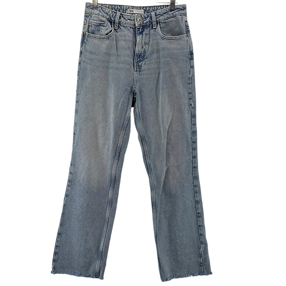 Zara Jeans Womens 6 Blue High Rise Straight Leg Raw Hem Distressed Denim Pants - Picture 1 of 13